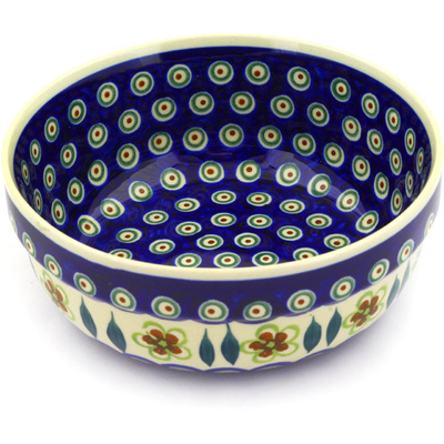 Polish Pottery Bowl 8" Peacock Garden