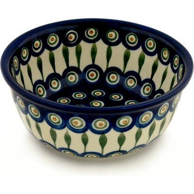 Polish Pottery Bowl 8&quot; Peacock Leaves