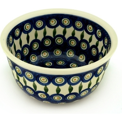 Polish Pottery Bowl 8&quot; Peacock Leaves