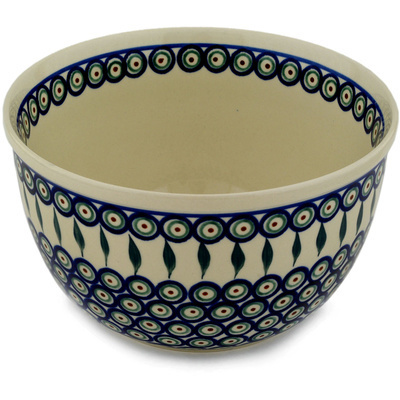Polish Pottery Bowl 8&quot; Peacock Leaves