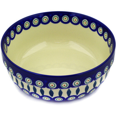 Polish Pottery Bowl 8&quot; Peacock Leaves