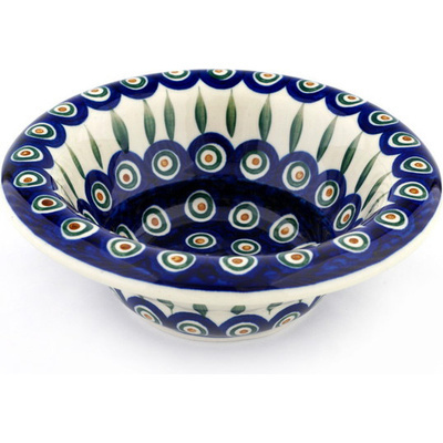 Polish Pottery Bowl 8&quot; Peacock Leaves