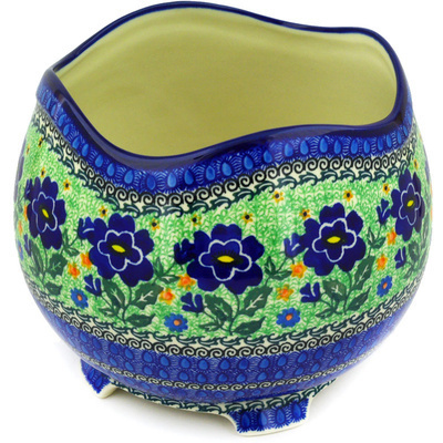 Polish Pottery Bowl 8&quot; Sapphire Pansies UNIKAT