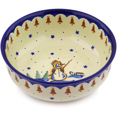 Polish Pottery Bowl 8&quot; Snowman Bells