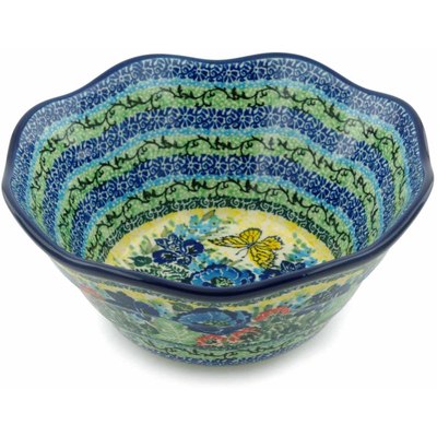 Polish Pottery Bowl 8&quot; Yellow Monarch Meadow UNIKAT