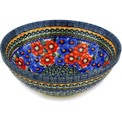 Polish Pottery Bowl 9&quot; Blue And Red Poppies UNIKAT