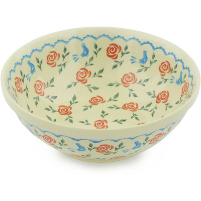 Polish Pottery Bowl 9&quot; Blue Bird Rose