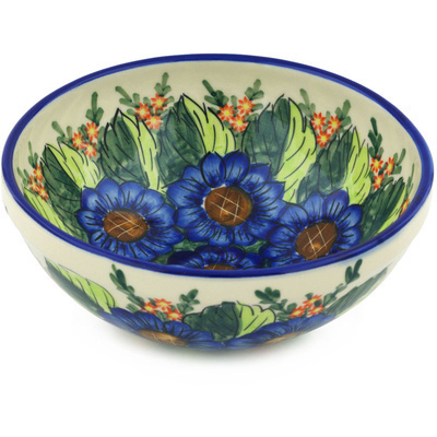 Polish Pottery Bowl 9&quot; Blue Bouquet UNIKAT