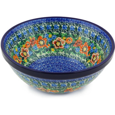 Polish Pottery Bowl 9&quot; Blue Daisy Bouquet UNIKAT