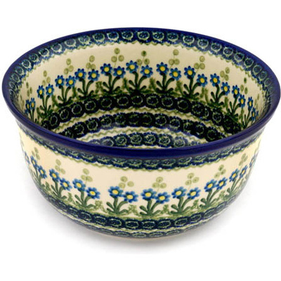 Polish Pottery Bowl 9&quot; Blue Daisy Circle