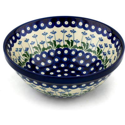 Polish Pottery Bowl 9&quot; Blue Daisy Peacock