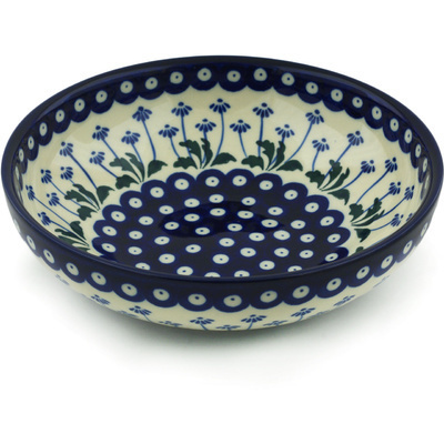 Polish Pottery Bowl 9&quot; Blue Daisy Peacock