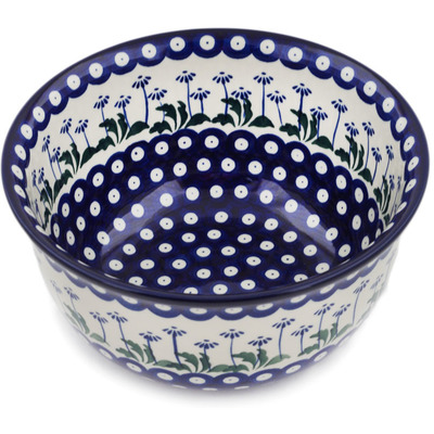 Polish Pottery Bowl 9&quot; Blue Daisy Peacock