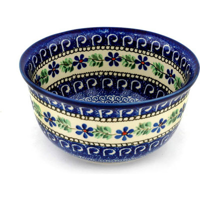Polish Pottery Bowl 9&quot; Blue Daisy Swirls