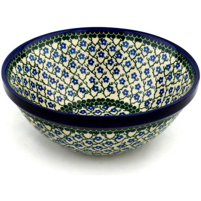 Polish Pottery Bowl 9&quot; Blue Daisy Trellis