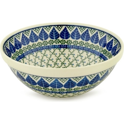 Polish Pottery Bowl 9&quot; Blue Leaf