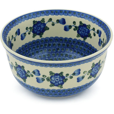 Polish Pottery Bowl 9&quot; Blue Poppies