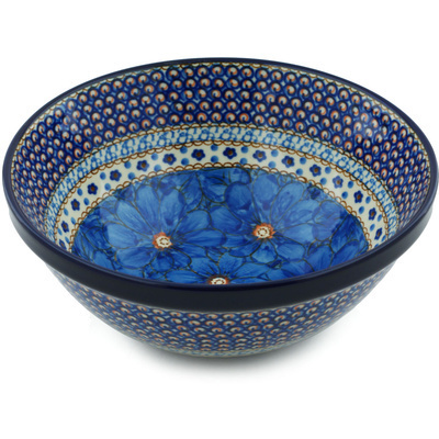 Polish Pottery Bowl 9&quot; Blue Poppies UNIKAT