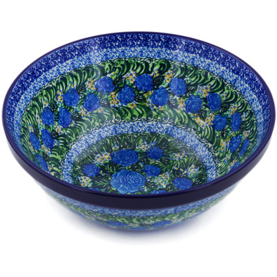 Polish Pottery Bowl 9&quot; Blue Roses UNIKAT