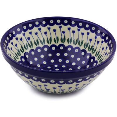 Polish Pottery Bowl 9&quot; Blue Tulip Peacock