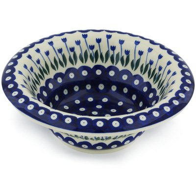 Polish Pottery Bowl 9&quot; Blue Tulip Peacock