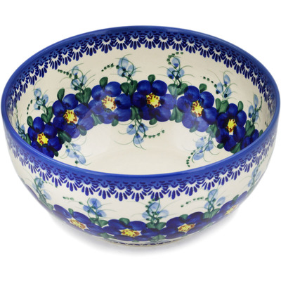 Polish Pottery Bowl 9&quot; Blue Wildflower UNIKAT
