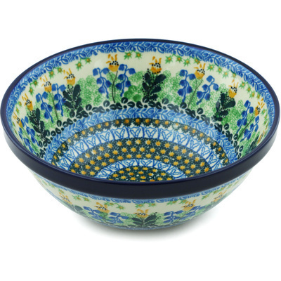 Polish Pottery Bowl 9&quot; Bluebells And Irises UNIKAT