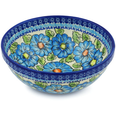 Polish Pottery Bowl 9&quot; Bold Blue Poppies UNIKAT