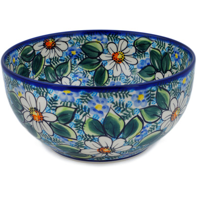 Polish Pottery Bowl 9&quot; Daisy Blues UNIKAT