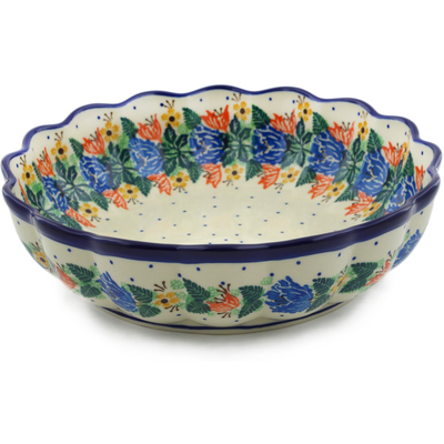 Polish Pottery Bowl 9&quot; Dotted Floral Wreath UNIKAT