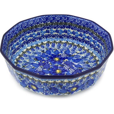Polish Pottery Bowl 9&quot; Fields Of Blue UNIKAT