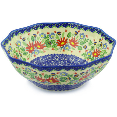 Polish Pottery Bowl 9&quot; Folk Flowers UNIKAT