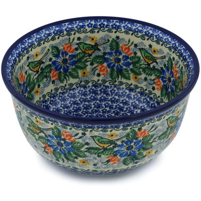 Polish Pottery Bowl 9&quot; Green Bird Garden UNIKAT