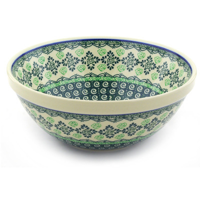 Polish Pottery Bowl 9&quot; Green Cabbage Rose