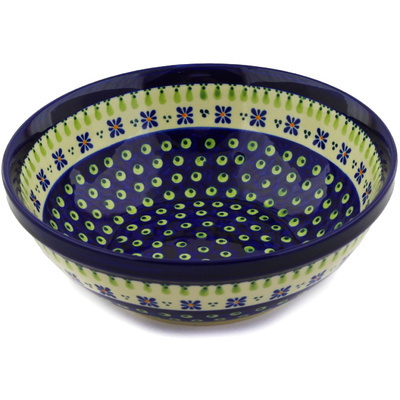 Polish Pottery Bowl 9&quot; Green Gingham Peacock
