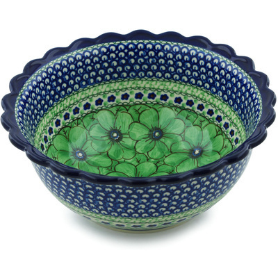 Polish Pottery Bowl 9&quot; Green Pansies UNIKAT