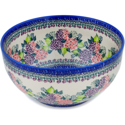 Polish Pottery Bowl 9&quot; Happy Hydrangea UNIKAT