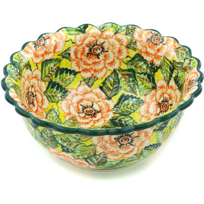 Polish Pottery Bowl 9&quot; Orange Peonies UNIKAT