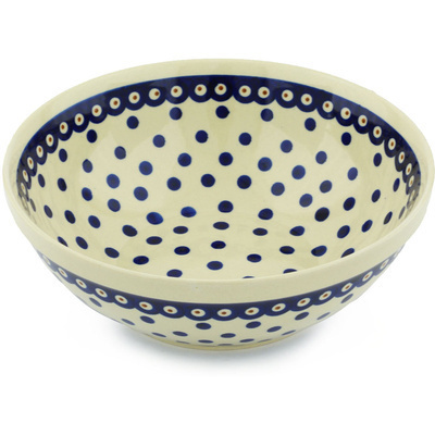 Polish Pottery Bowl 9&quot; Peacock Dots