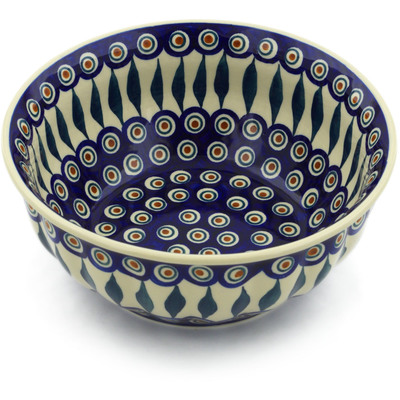Polish Pottery Bowl 9&quot; Peacock Leaves