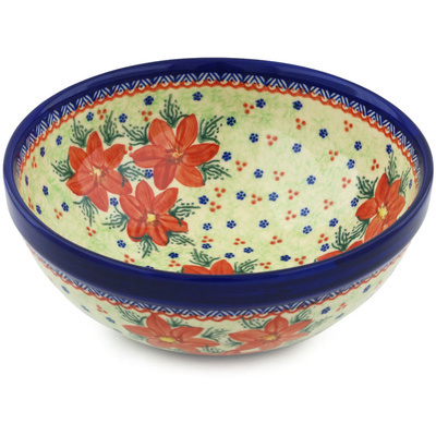 Polish Pottery Bowl 9&quot; Poinsettia UNIKAT