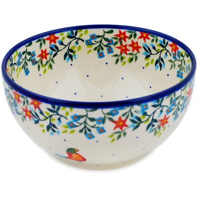 Polish Pottery Bowl 9&quot; Pretty Bird Floral UNIKAT