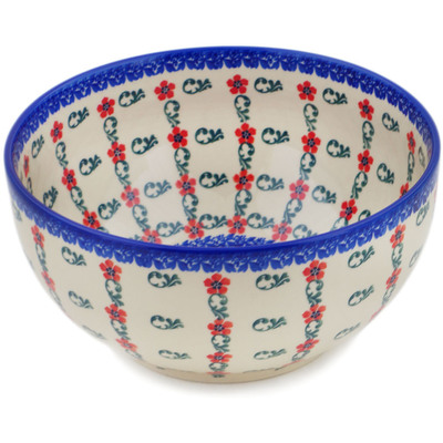 Polish Pottery Bowl 9&quot; Red Flower Lattice