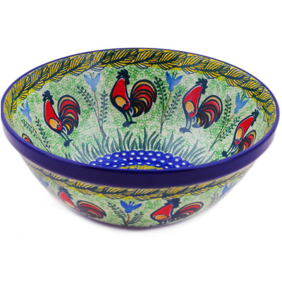 Polish Pottery Bowl 9&quot; Rooster Parade UNIKAT