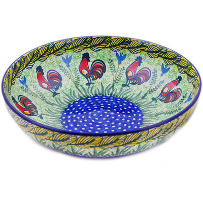 Polish Pottery Bowl 9&quot; Rooster Parade UNIKAT
