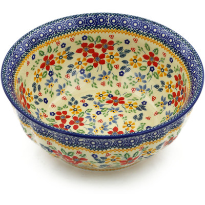 Polish Pottery Bowl 9&quot; Ruby Bouquet UNIKAT