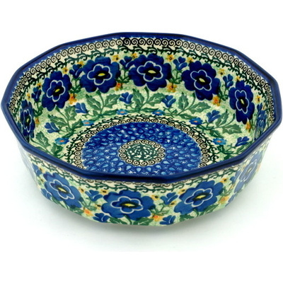Polish Pottery Bowl 9&quot; Sapphire Pansies UNIKAT
