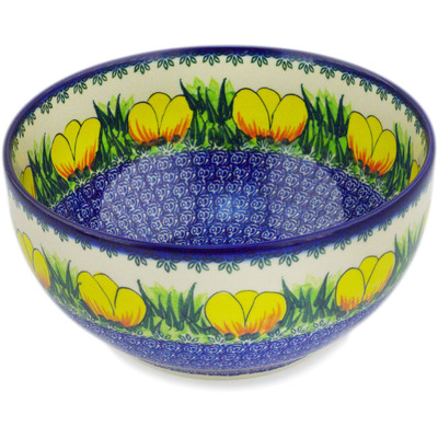 Polish Pottery Bowl 9&quot; Spring Yellow Tulip UNIKAT