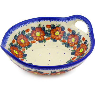 Polish Pottery Bowl with Handles 10&quot; Autumn Pansies UNIKAT