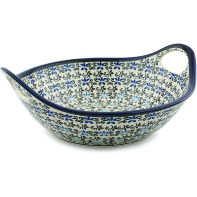 Polish Pottery Bowl with Handles 10&quot; Black And Blue Lace